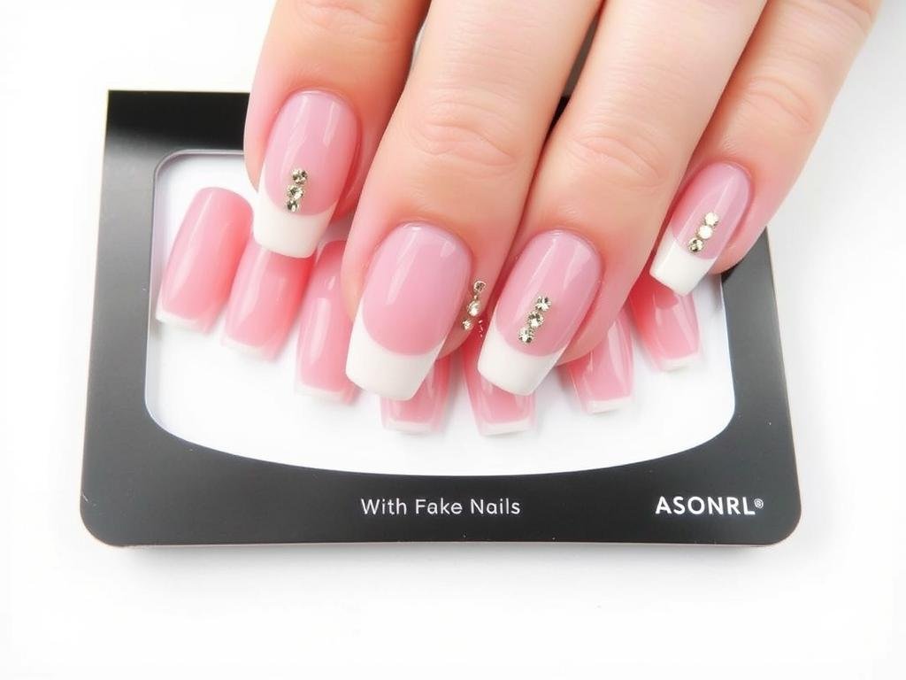 ASONRL Short Square French White Edge Pink Fake Nails with gold rhinestones