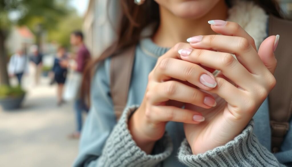 Beautiful, long-lasting French tip acrylic nails in everyday use showing durability