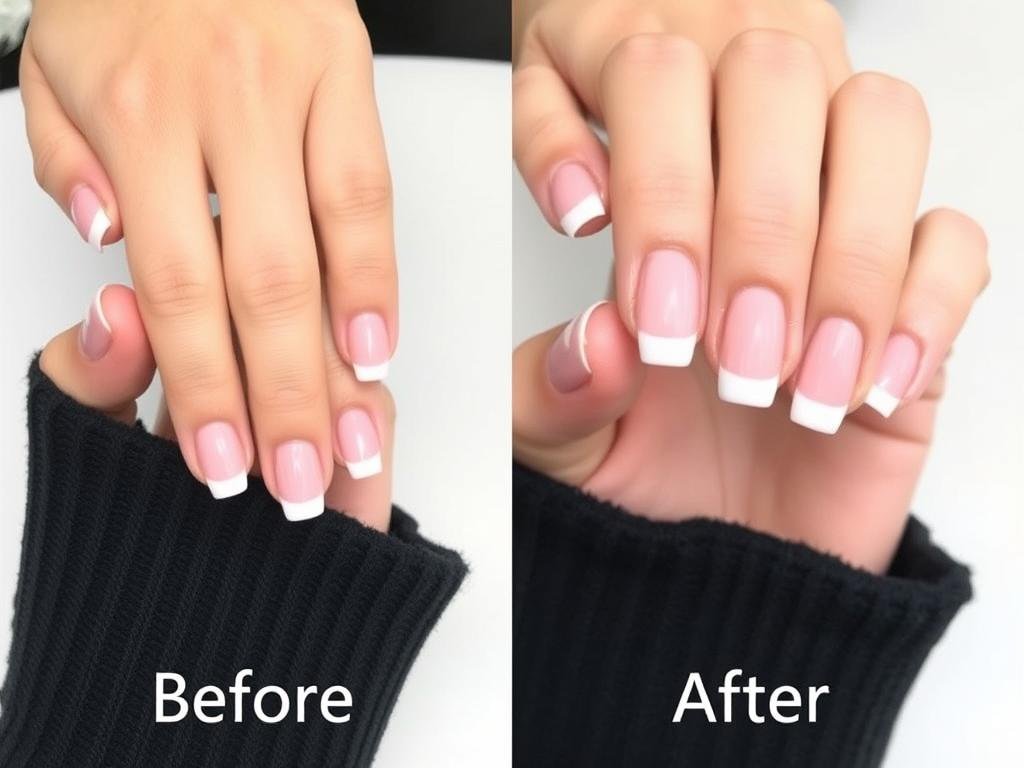 Before and after comparison of natural nails and salon-perfect short square acrylic nails