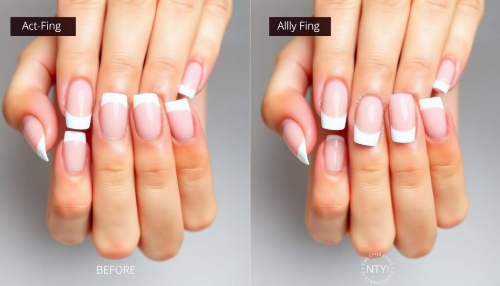 Before and after comparison of well-maintained French tip acrylic nails at 3 weeks