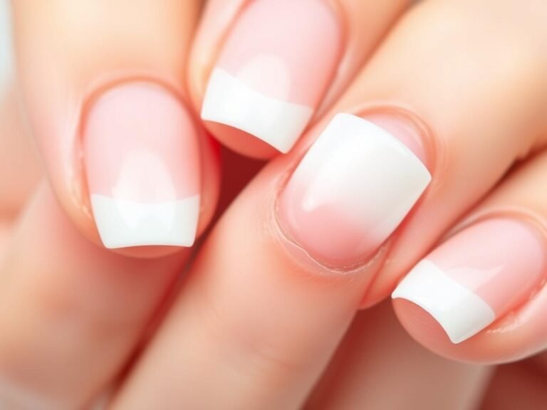 Close-up of durable French tip acrylic nails showing perfect white tips against a pink base