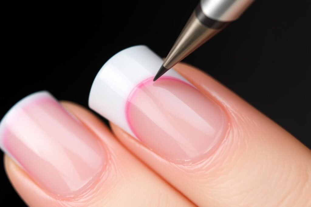 Close-up of perfect short French tip application technique