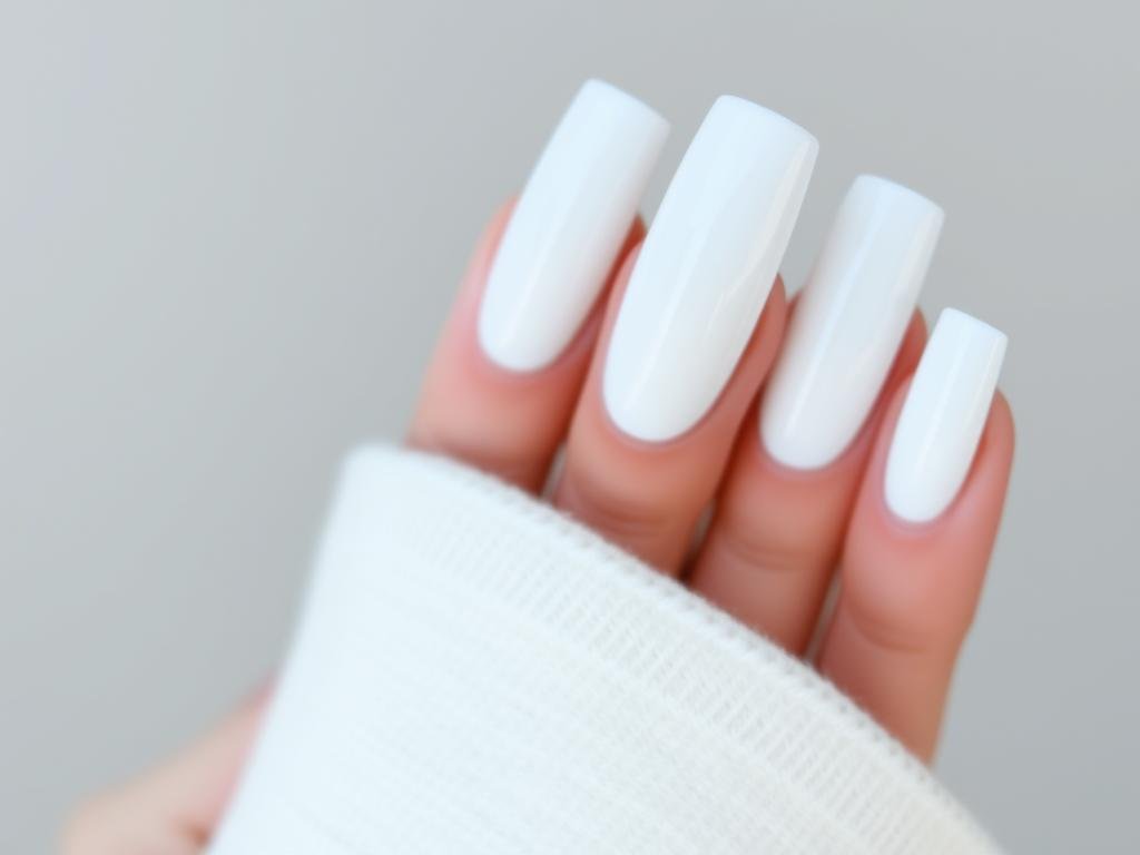 Close-up of short white acrylic nails with minimal design showing versatility for both casual and formal settings