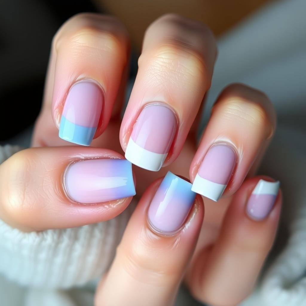 Colored French tips on short acrylic nails