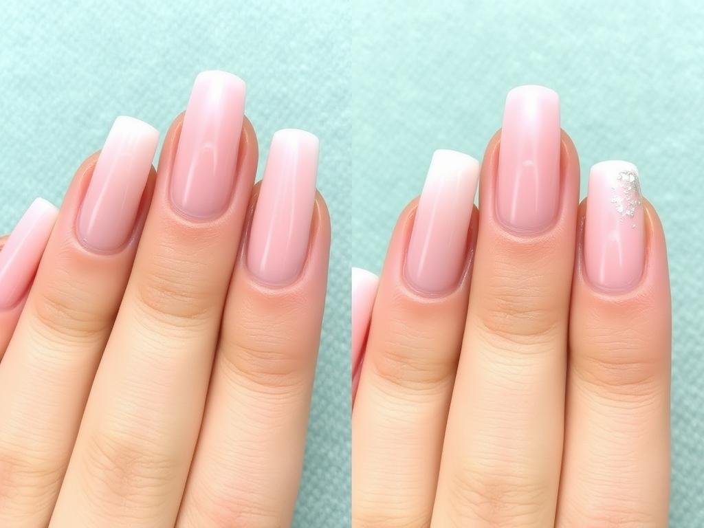 Comparison of properly applied vs lifting short almond acrylic nails