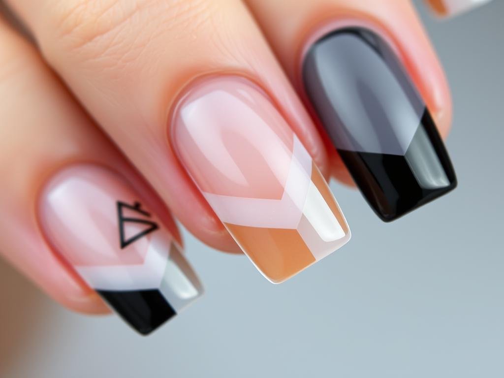 Cute short acrylic nails featuring negative space designs with geometric patterns
