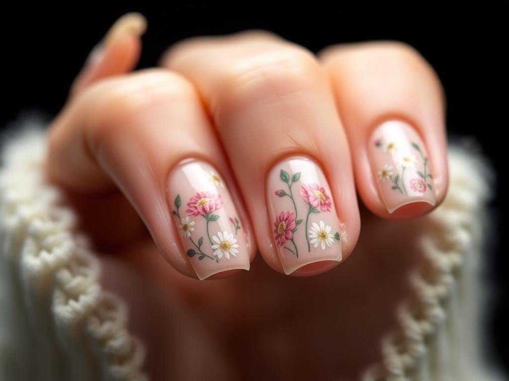 Cute short acrylic nails with delicate floral designs and small flower details