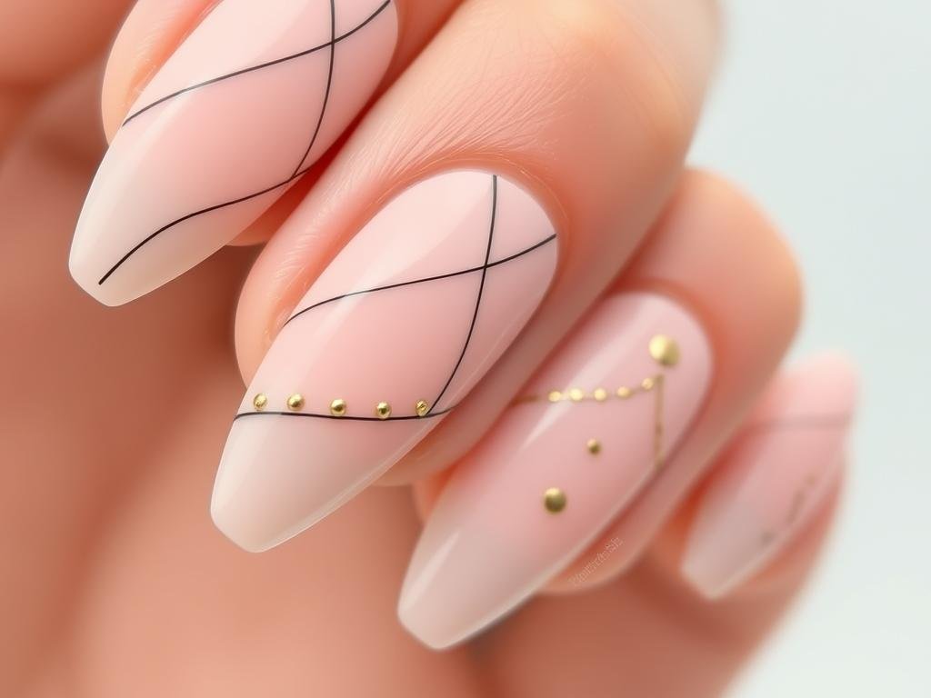 Cute short acrylic nails with minimalist designs including thin lines, small dots, and negative space