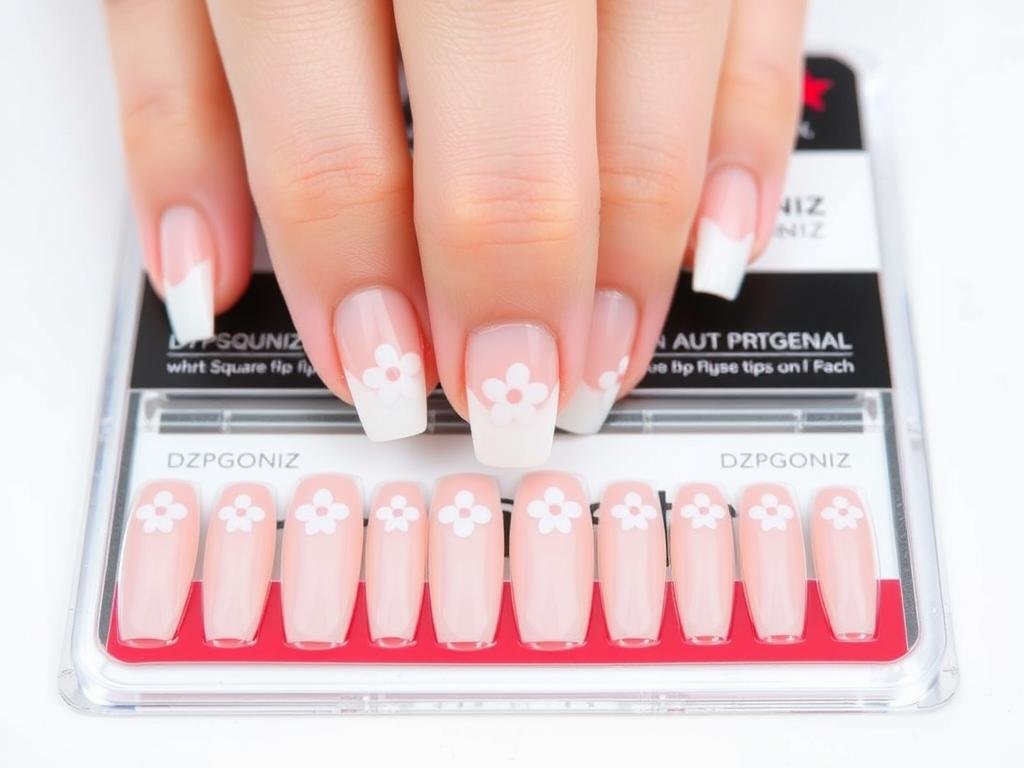 DZPGUONIZ Short Square Press on Nails with French tips and flower design