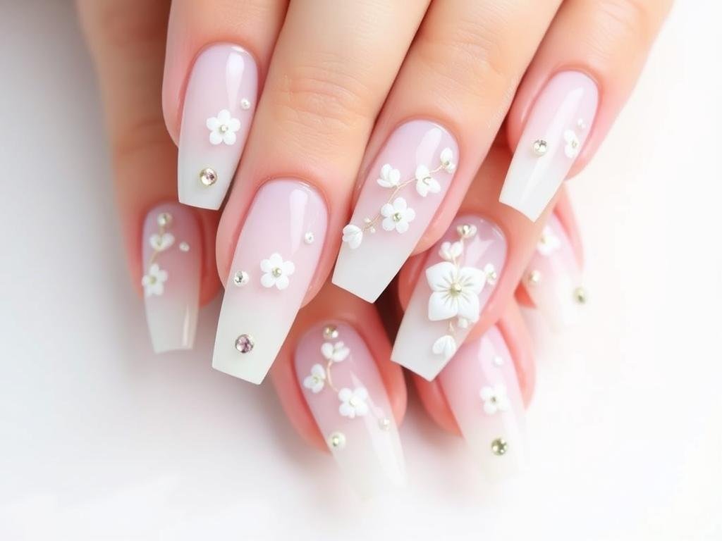 ECBASKET Short White Acrylic Nails with subtle flower design and rhinestone details