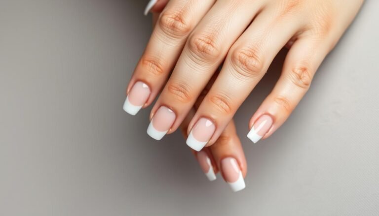 Elegant short French tip acrylic nails on a woman's hands