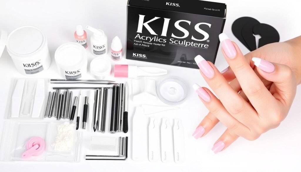 KISS French Acrylic Sculpture Kit with application tools and finished French tip nails