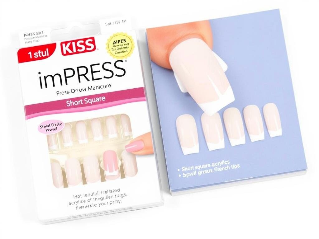 KISS imPRESS Press-On Manicure Short Square nails in packaging with application demonstration