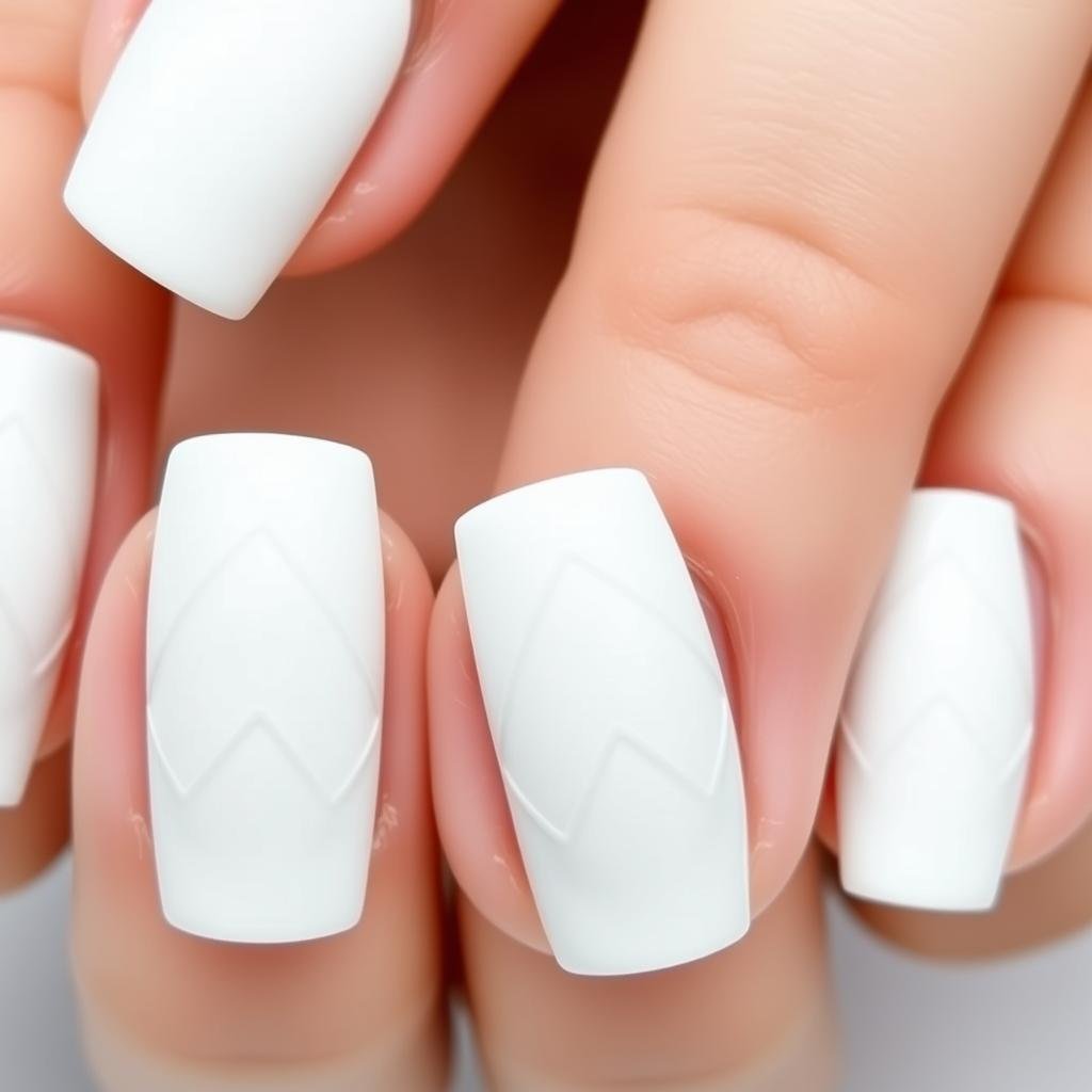 Minimalist white-on-white pattern on short acrylic nails