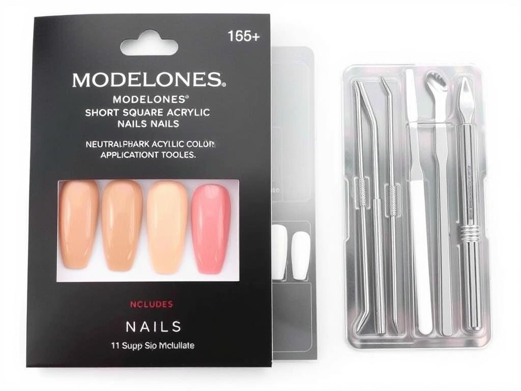 Modelones Short Square Acrylic Nails in various neutral colors with application tools
