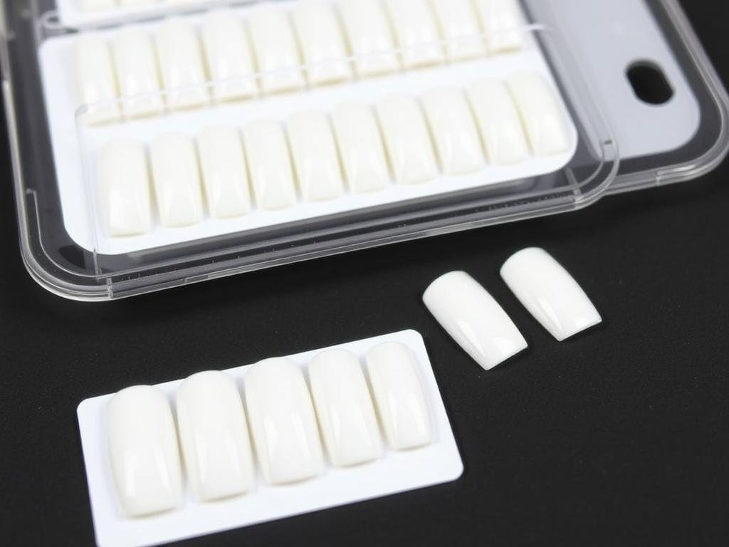 Modelones Short Square Press On Nails with classic French white tips displayed in packaging