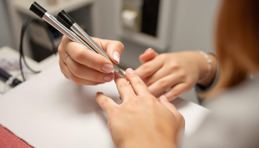 Nail technician applying acrylic to short nails with proper technique