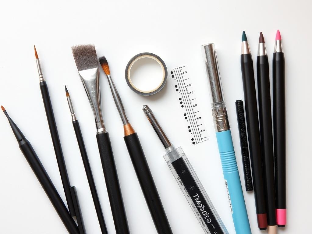 Professional nail art tools and fine brushes for detailed designs on cute short acrylic nails