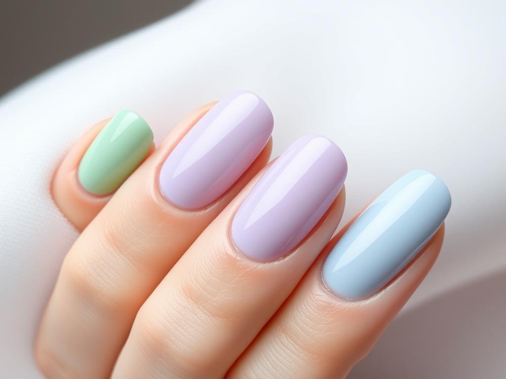 Short acrylic nails in various pastel colors including mint green, lavender, and baby blue