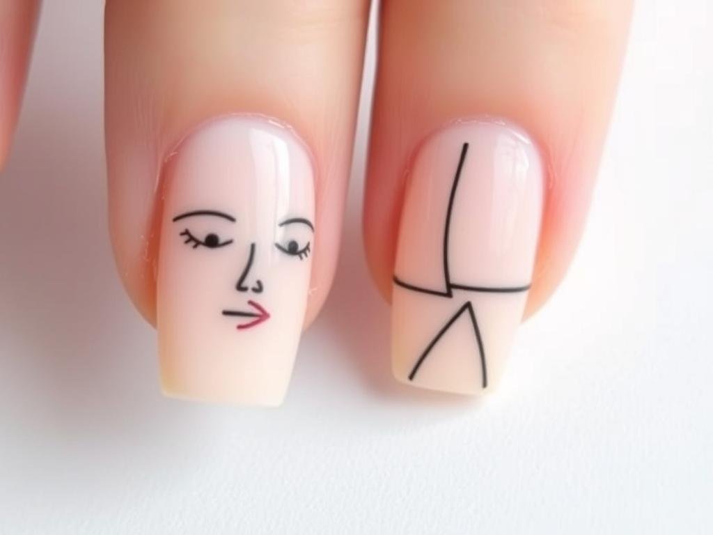 Short acrylic nails with minimalist line art designs