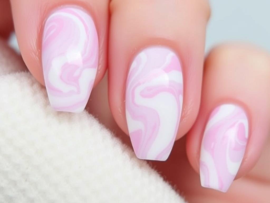 Short acrylic nails with pastel marble effect