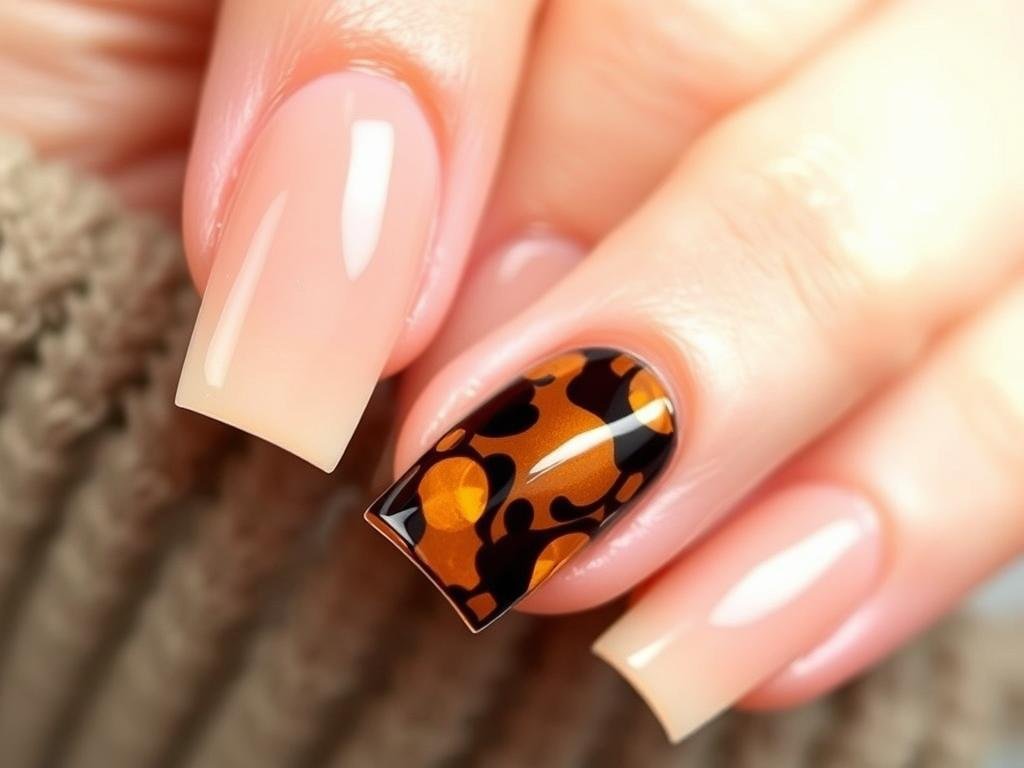 Short acrylic nails with tortoiseshell accent design