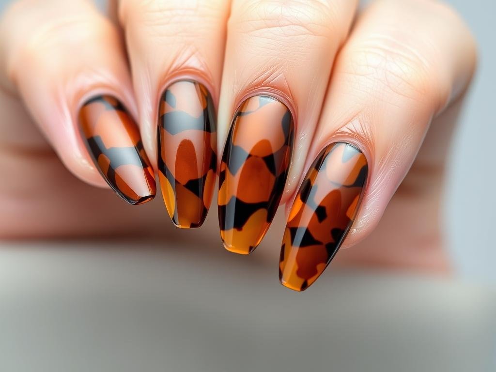 Short acrylic nails with tortoiseshell pattern in amber and brown tones