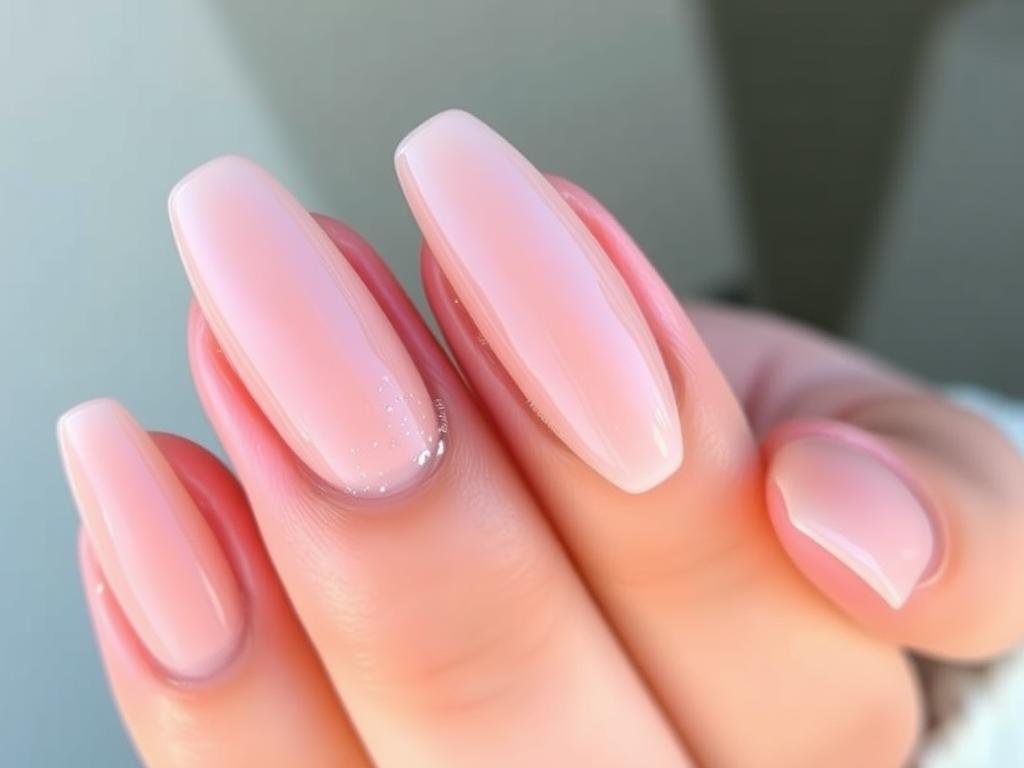 Short nude acrylic nails with glitter accent