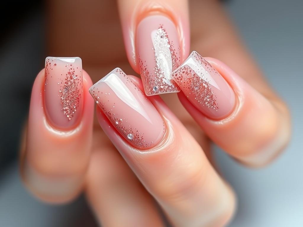 Short square acrylic nails with glitter accent nails and rose gold sparkle details