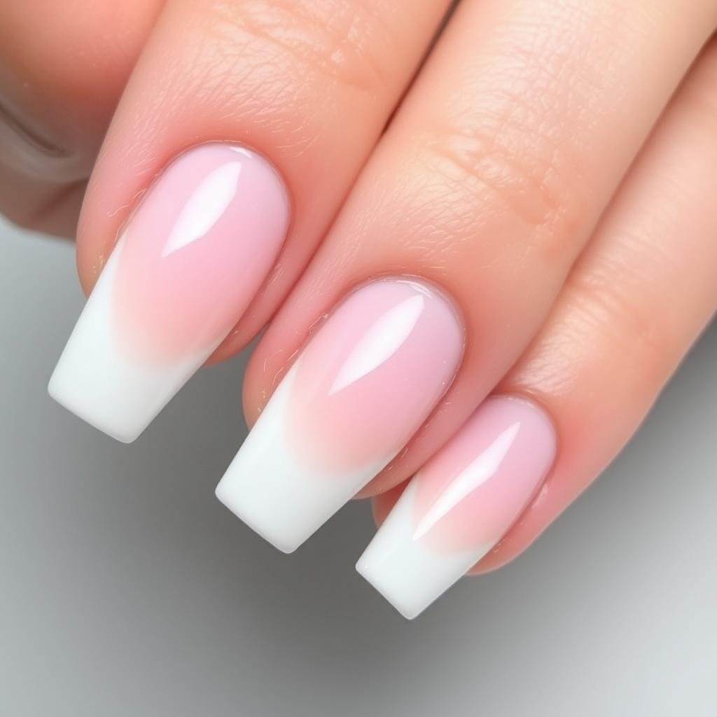 Short white acrylic nails with colorful ombre effect