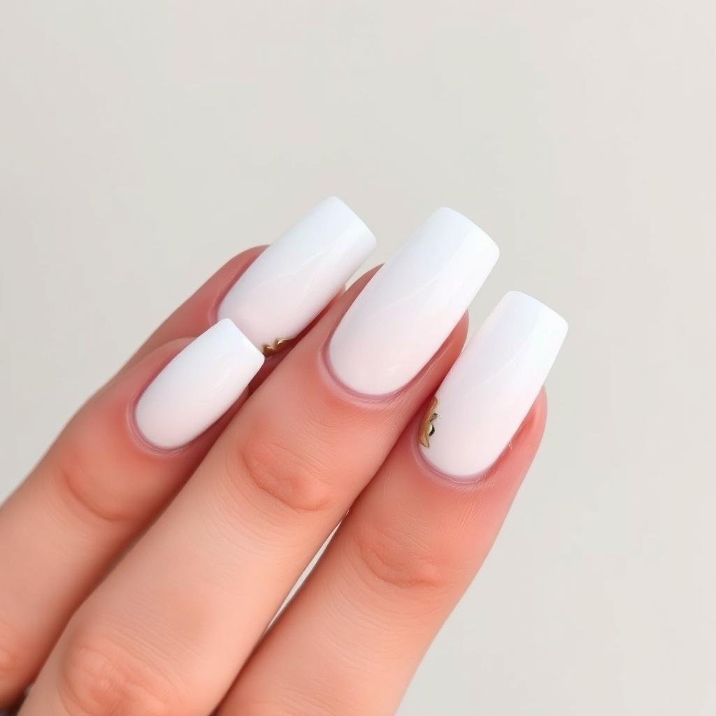 Short white acrylic nails with delicate gold foil accents