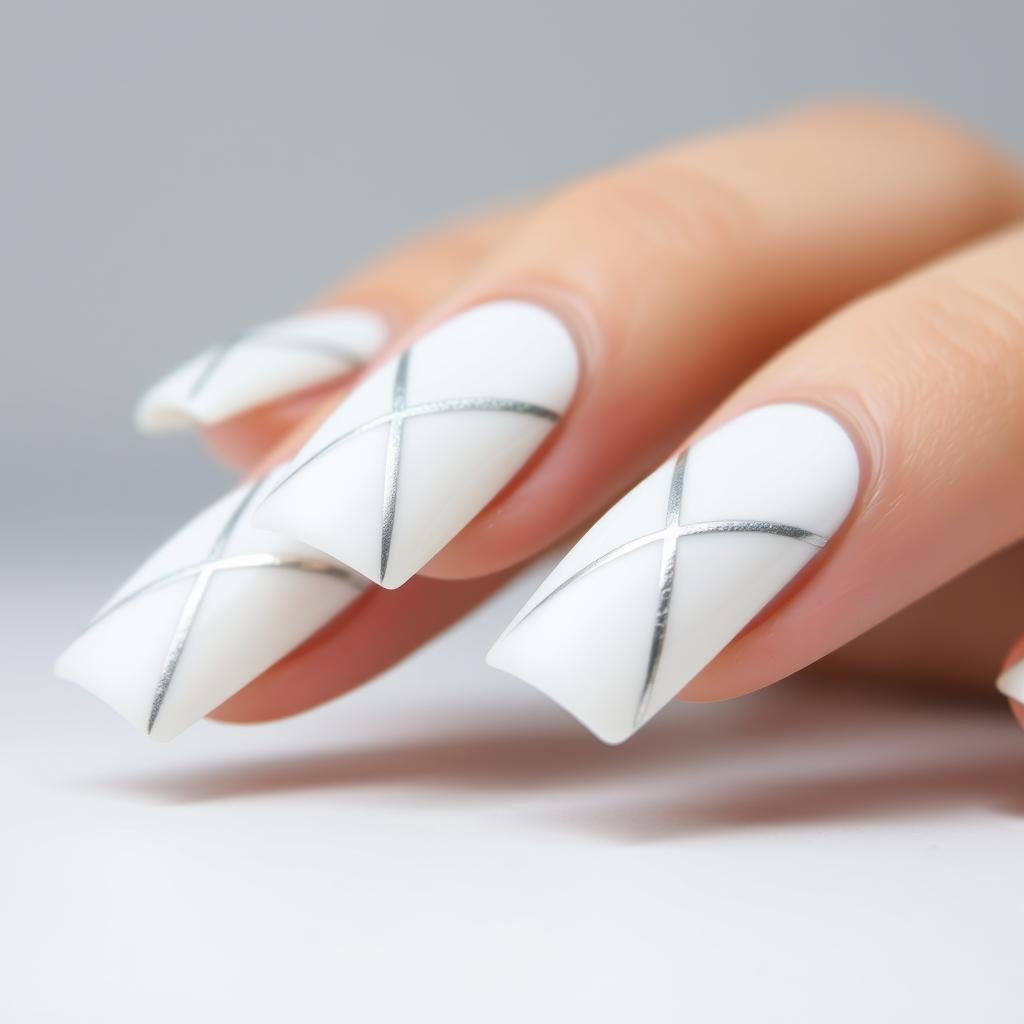 Short white acrylic nails with geometric pattern