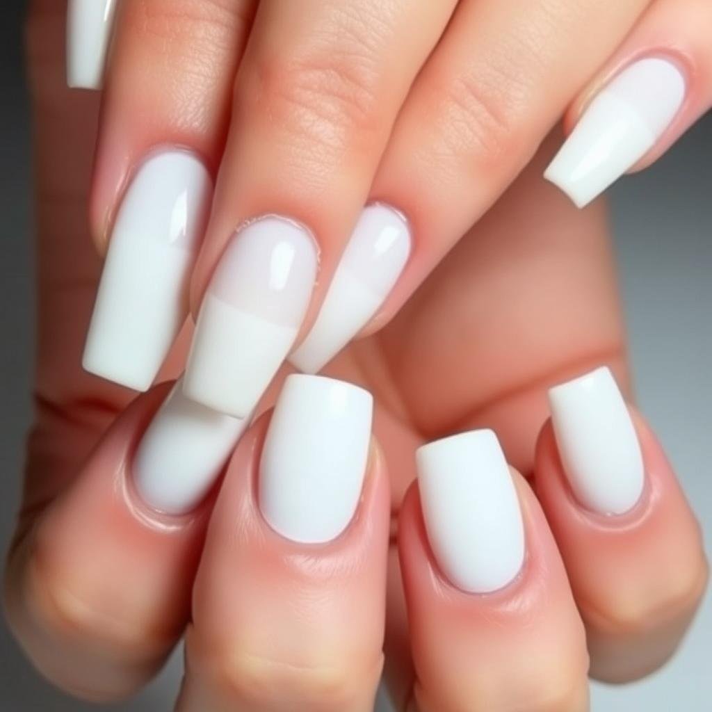 Short white acrylic nails with negative space half-moon design