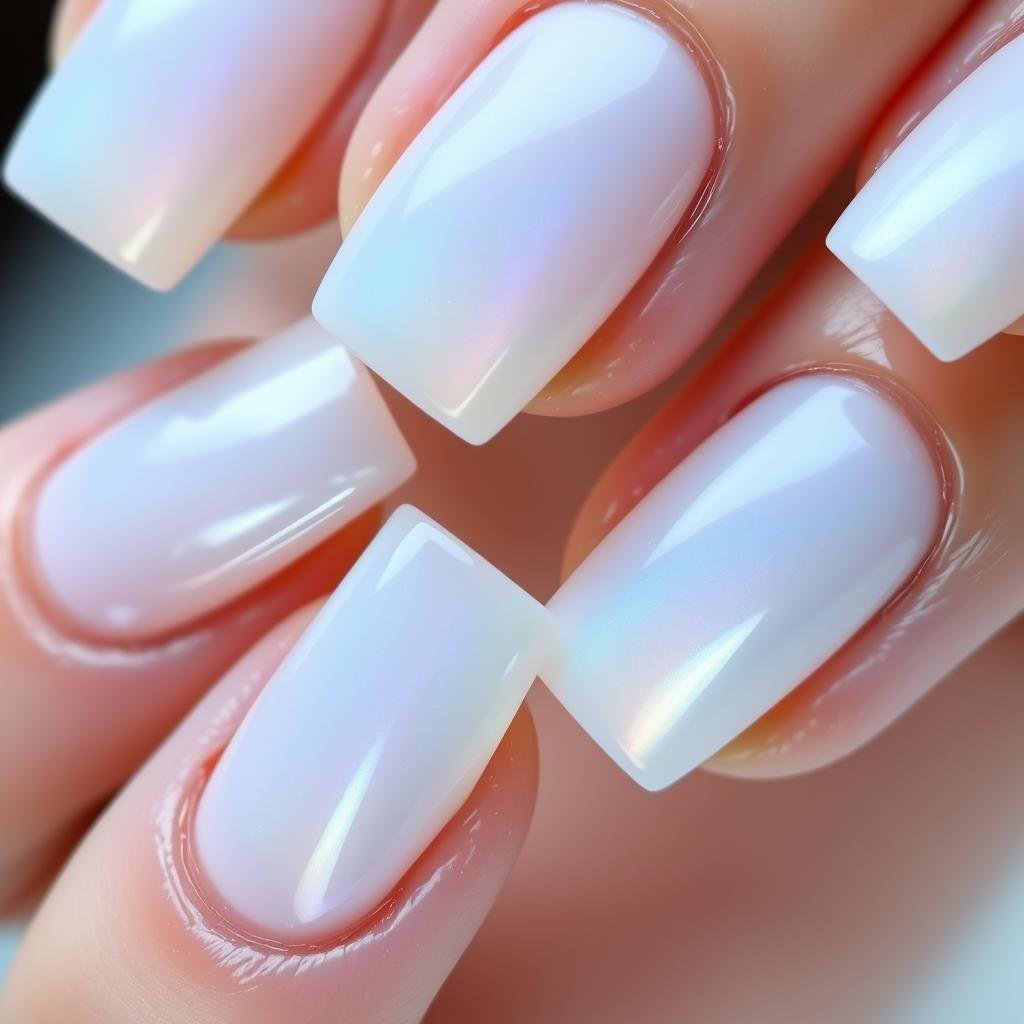 Short white acrylic nails with subtle pearl or opal effect