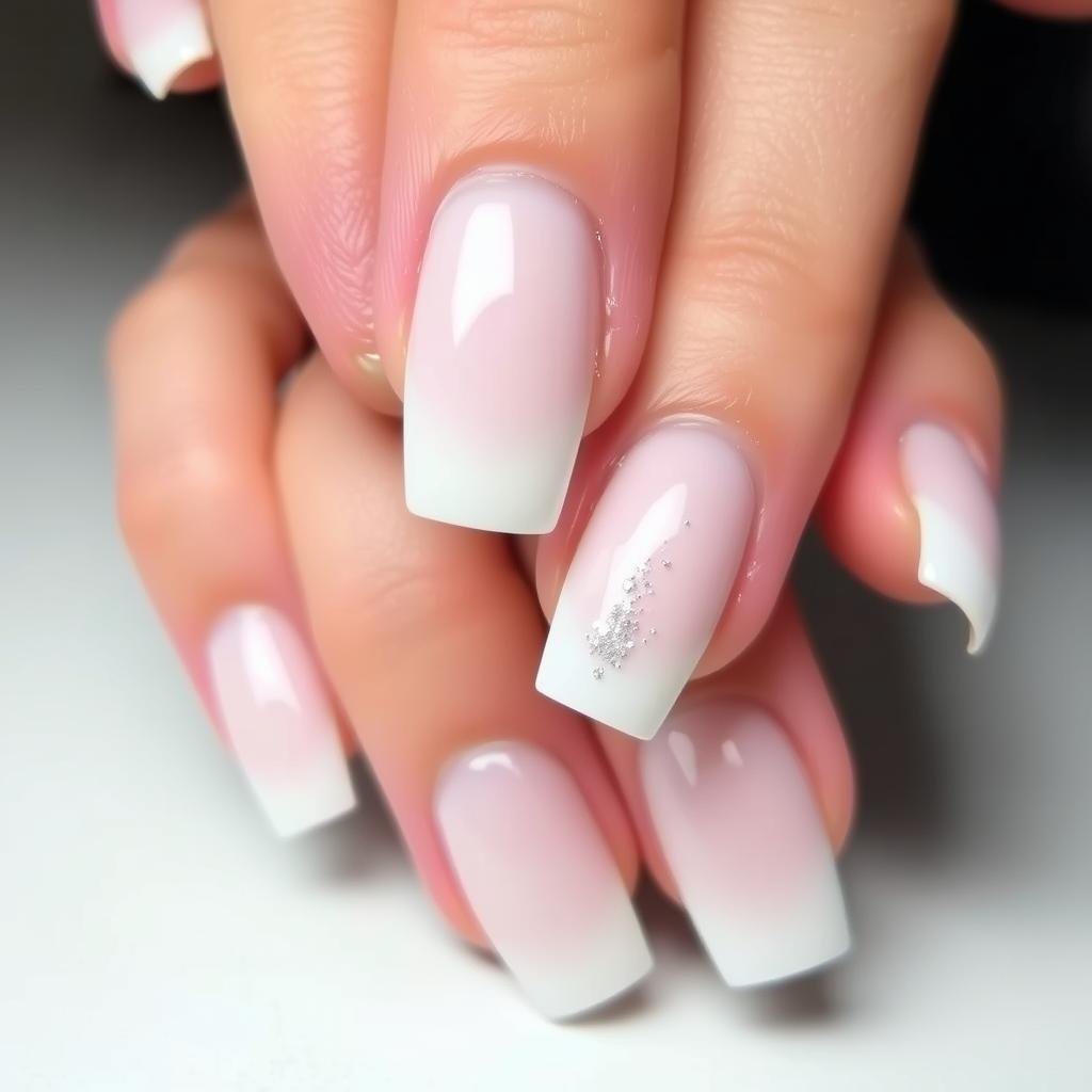 Short white acrylic nails with subtle silver glitter accents