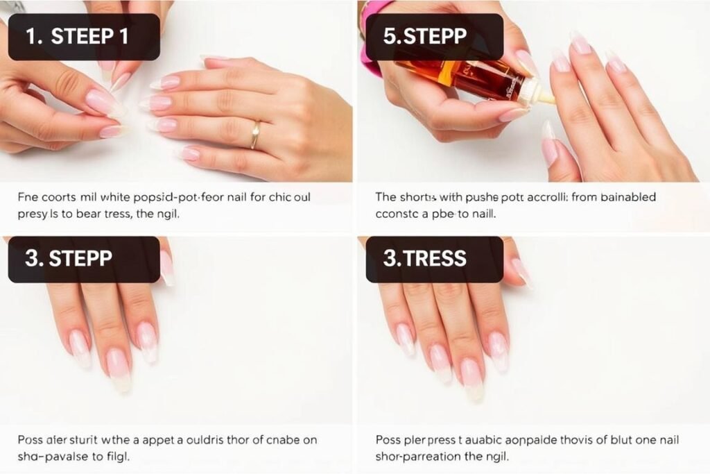 Step-by-step application of short white acrylic nails