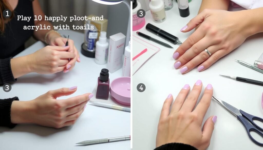 Step-by-step process of applying short acrylic nails at home