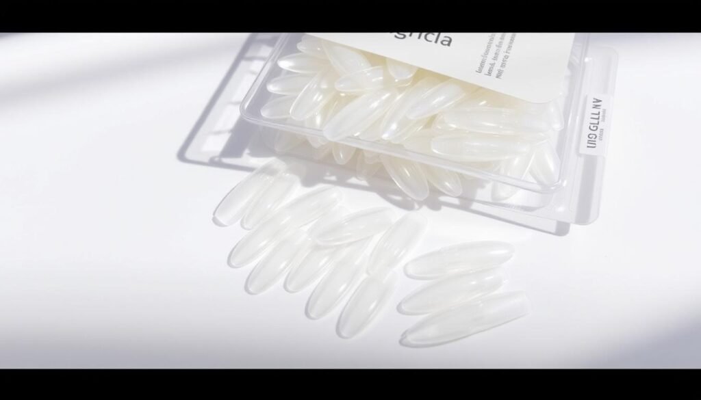 UNA GELLA Short Almond Fake Nails package showing the clear nail tips