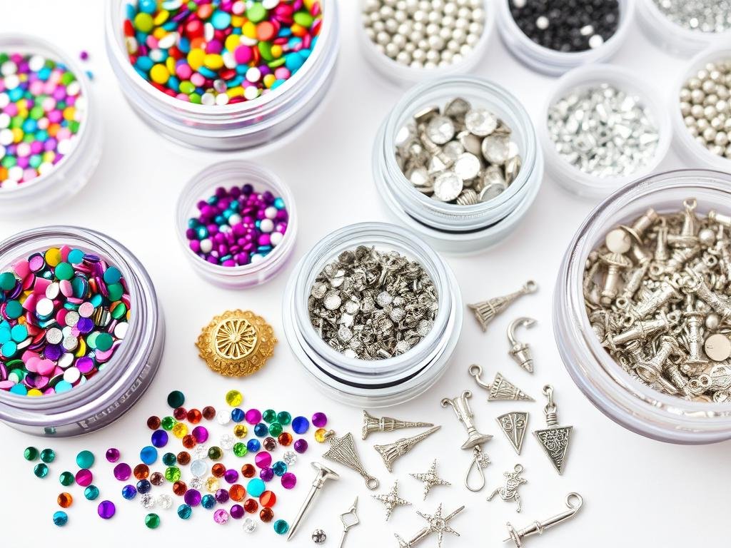 Variety of nail decorations including rhinestones, glitters, and charms for cute short acrylic nails
