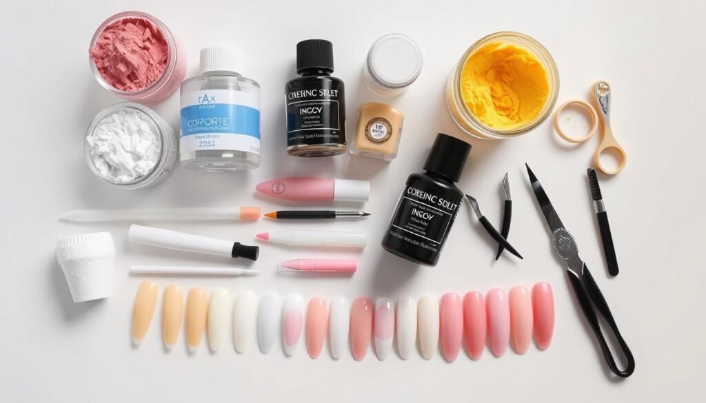 Various French tip acrylic nail products arranged for comparison showing different systems