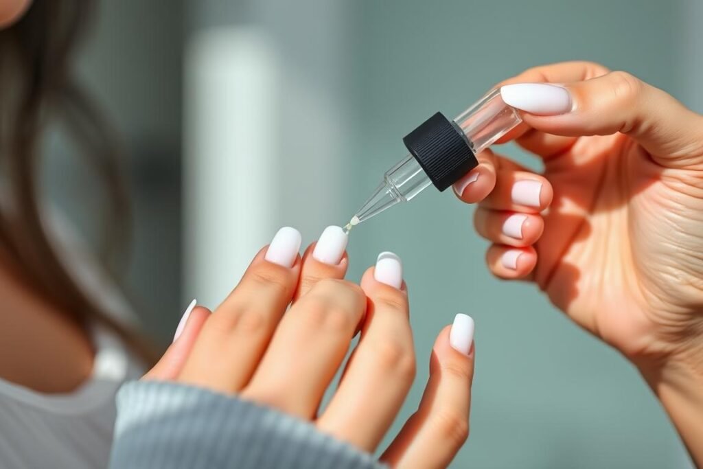 Woman applying top coat to short white acrylic nails for maintenance