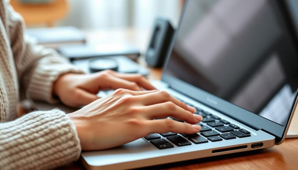 Woman showing off her salon-perfect short square acrylic nails while typing on a laptop