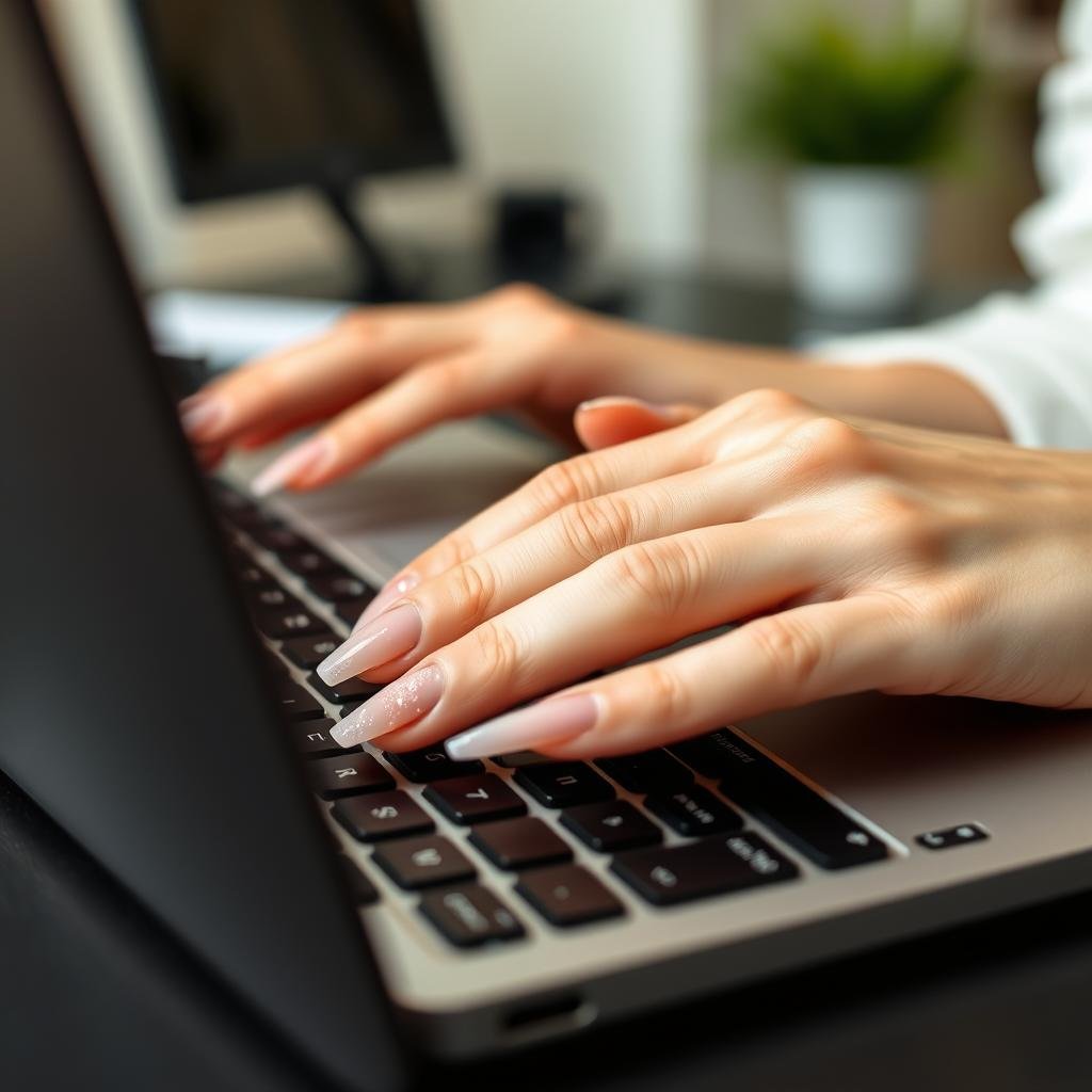 Woman typing on laptop with short acrylic nails