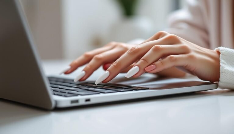 Woman's hands with elegant short white acrylic nails typing on laptop keyboard showing practical everyday style