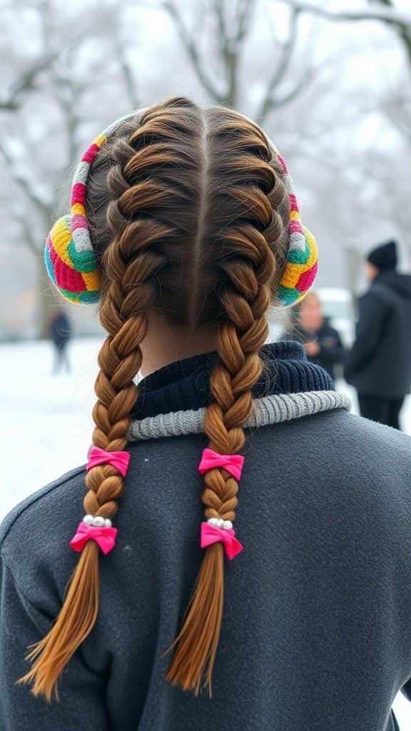 A girl with double braids and colorful ear warmers in a snowy setting.