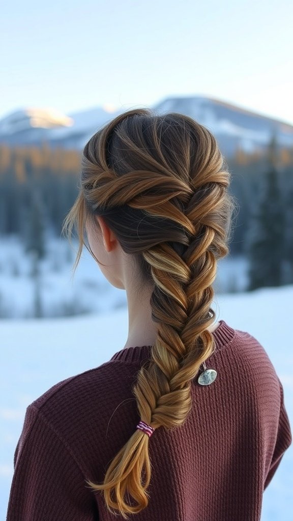 A fishtail braid styled on a person with a snowy mountain background.