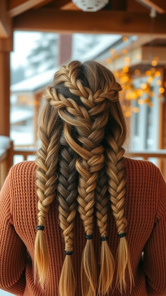 A woman with layered braids in warm tones, showcasing a cozy winter hairstyle.