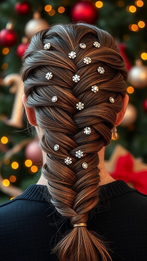 A close-up of a chic braided ponytail adorned with sparkling hairpins, set against a festive background of holiday decorations.