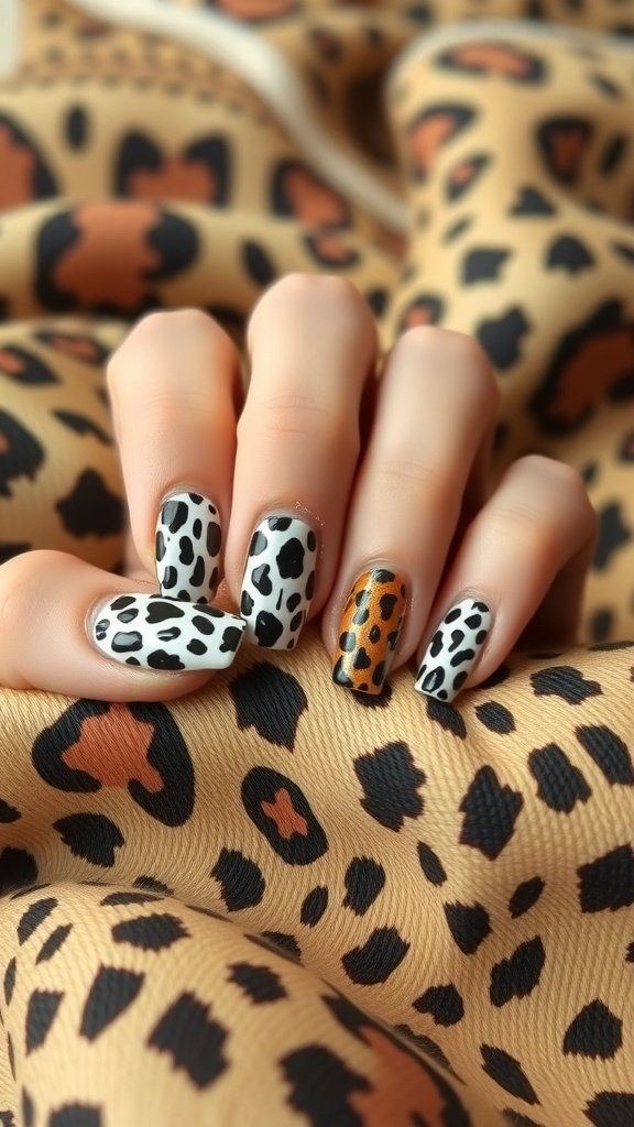Short acrylic nails with animal print designs in black, white, and orange