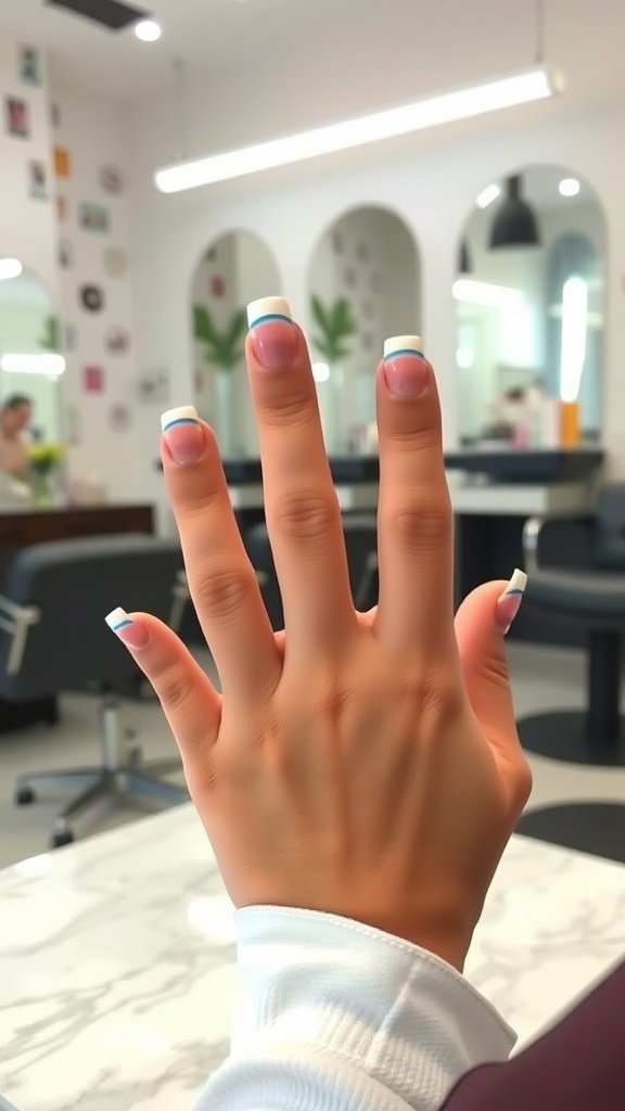 A hand with short acrylic nails featuring classic French tips with light blue accents.